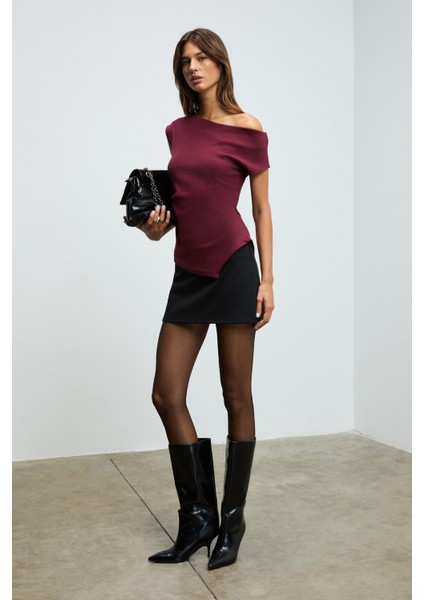 REHINGA Kadın Asimetrik Yaka Regular Kısa Kol Bordo Bluz fırsatları