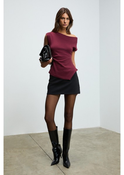 REHINGA Kadın Asimetrik Yaka Regular Kısa Kol Bordo Bluz indirimleri