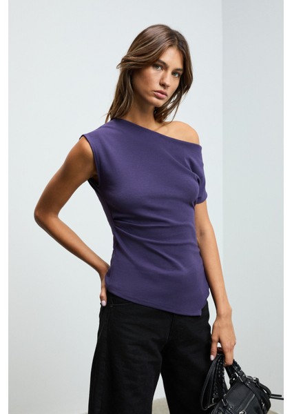 REHINGA Kadın Asimetrik Yaka Regular Kısa Kol Mor Bluz