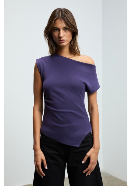 REHINGA Kadın Asimetrik Yaka Regular Kısa Kol Mor Bluz fiyatları