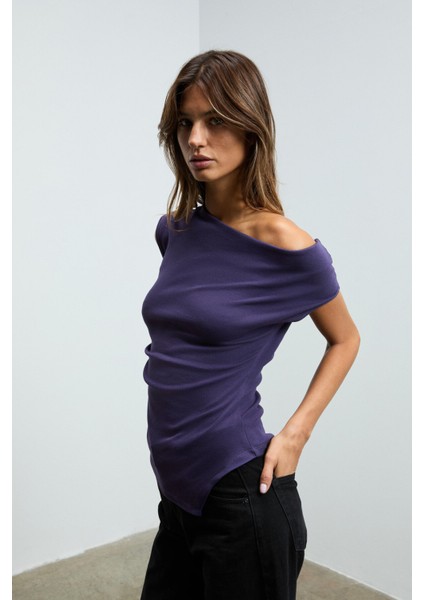 REHINGA Kadın Asimetrik Yaka Regular Kısa Kol Mor Bluz modelleri