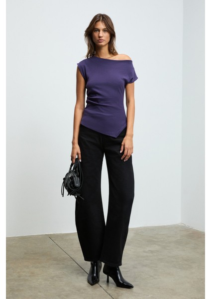 REHINGA Kadın Asimetrik Yaka Regular Kısa Kol Mor Bluz fırsatları