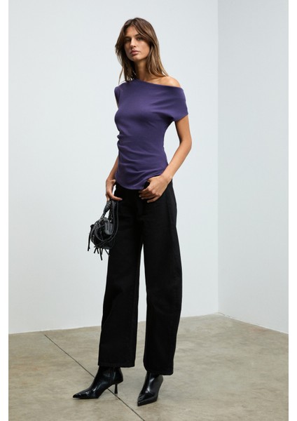 REHINGA Kadın Asimetrik Yaka Regular Kısa Kol Mor Bluz indirimleri