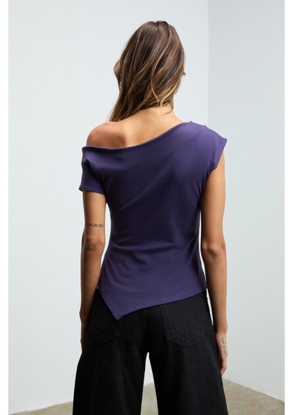 REHINGA Kadın Asimetrik Yaka Regular Kısa Kol Mor Bluz