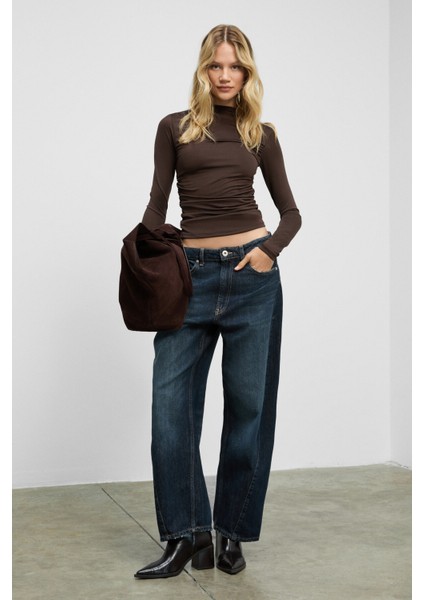 SOLEMA Kadın Bisiklet Yakalı Büzgü Detaylı Slim Koyu Kahverengi Bluz indirimleri