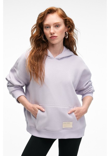 CLARIE Kadın Organik Pamuklu Oversize Kanguru Cepli Kapüşonlu Lila Sweatshirt