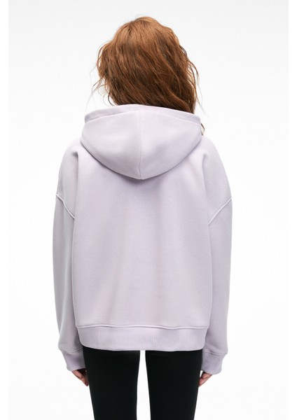 CLARIE Kadın Organik Pamuklu Oversize Kanguru Cepli Kapüşonlu Lila Sweatshirt