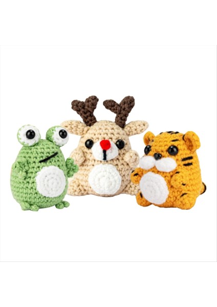 3pcs Tığ Işi Kiti Malzeme Paketi Seti Dıy El Yapımı Tığ Örme Iplik Hayvan (Geyik Kaplan Kurbağa) (Yurt Dışından)