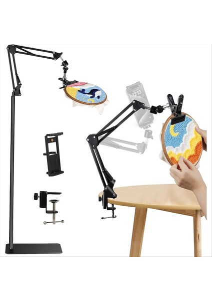 Siyah Ayarlanabilir Nakış Çember Standı 3 Arada Çember/tablet/telefon Tutucu Zemin Standı Nakış Standı 360 ° Dönebilir (Yurt Dışından)