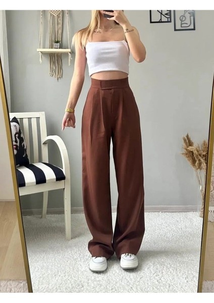 Kadın Likralı Cırt Kapama Kahverengi Geniş Paçalı Rahat Palazzo Pantolon fiyatları