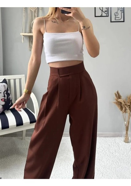 Kadın Likralı Cırt Kapama Kahverengi Geniş Paçalı Rahat Palazzo Pantolon modelleri