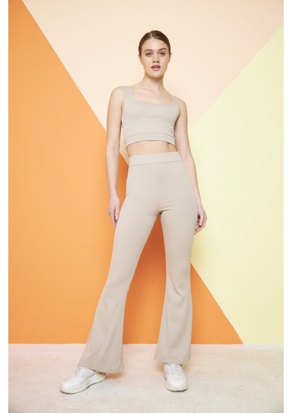 Bej Yüksek Bel Fitilli Ispanyol Paça Interlok Örme Kadın Tayt