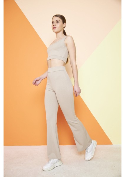 Bej Yüksek Bel Fitilli Ispanyol Paça Interlok Örme Kadın Tayt fiyatları