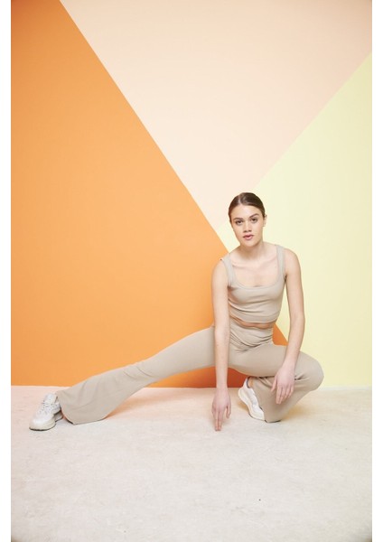 Bej Yüksek Bel Fitilli Ispanyol Paça Interlok Örme Kadın Tayt modelleri