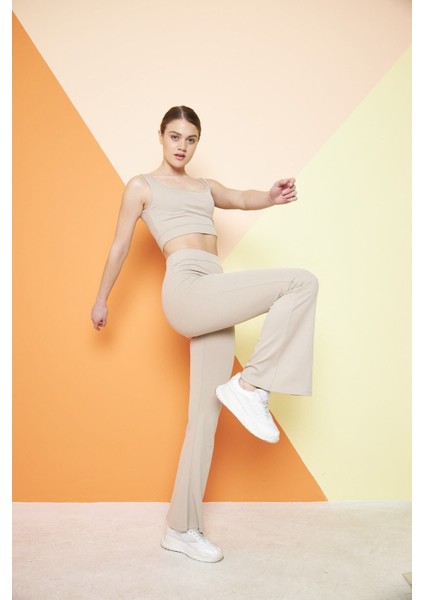 Bej Yüksek Bel Fitilli Ispanyol Paça Interlok Örme Kadın Tayt fırsatları