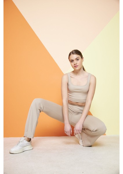 Bej Yüksek Bel Fitilli Ispanyol Paça Interlok Örme Kadın Tayt indirimleri