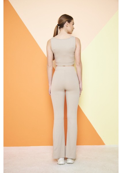 Bej Yüksek Bel Fitilli Ispanyol Paça Interlok Örme Kadın Tayt