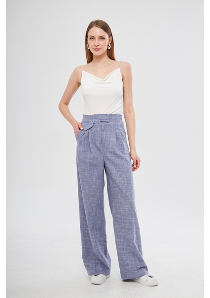 Mavi Yüksek Bel Pileli Cep Detaylı Cırtlı Kadın Kumaş Palazzo Pantolon