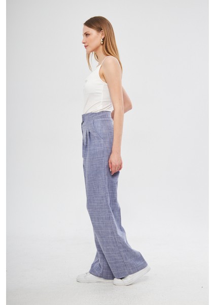 Mavi Yüksek Bel Pileli Cep Detaylı Cırtlı Kadın Kumaş Palazzo Pantolon fiyatları
