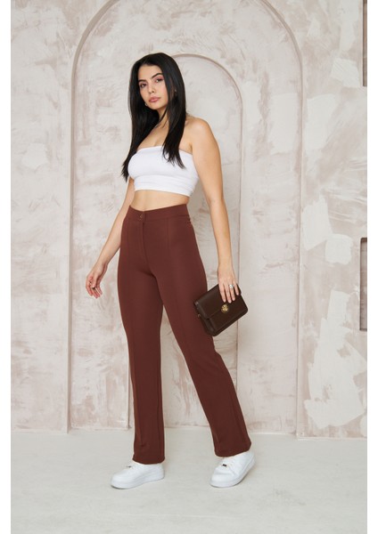 Likralı Kahverengi Kadın Palazzo Pantolon