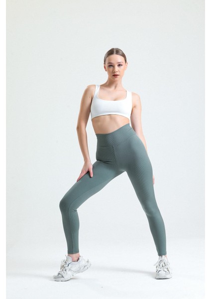 Haki Yüksek Bel Fitilli Toparlayıcı Interlok Örme Spor Dar Paça Kadın Tayt
