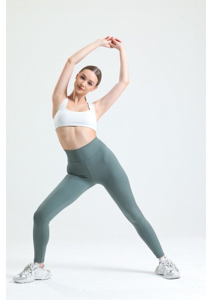 Haki Yüksek Bel Fitilli Toparlayıcı Interlok Örme Spor Dar Paça Kadın Tayt fiyatları