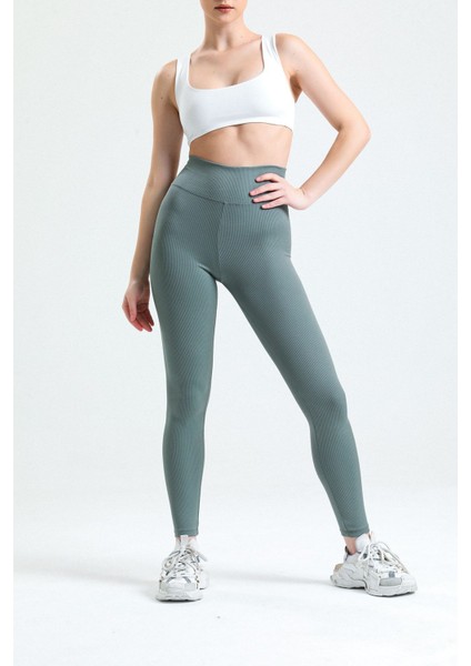 Haki Yüksek Bel Fitilli Toparlayıcı Interlok Örme Spor Dar Paça Kadın Tayt modelleri