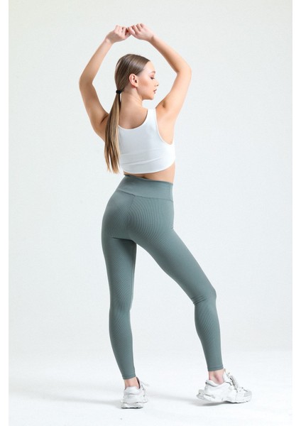 Haki Yüksek Bel Fitilli Toparlayıcı Interlok Örme Spor Dar Paça Kadın Tayt fırsatları