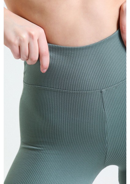 Haki Yüksek Bel Fitilli Toparlayıcı Interlok Örme Spor Dar Paça Kadın Tayt indirimleri