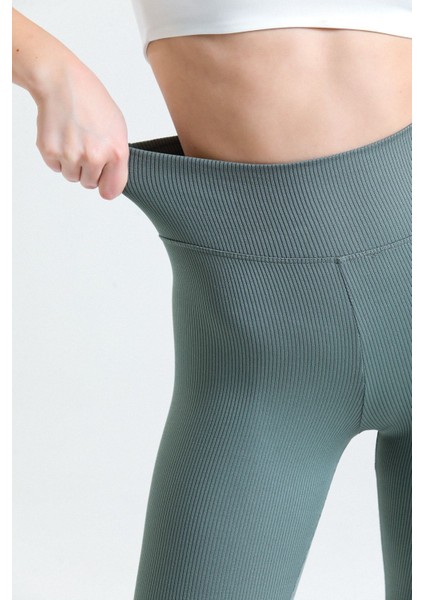 Haki Yüksek Bel Fitilli Toparlayıcı Interlok Örme Spor Dar Paça Kadın Tayt