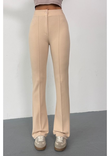 Krep Kumaş Likralı Önü Çimalı Bej Kadın Palazzo Pantolon