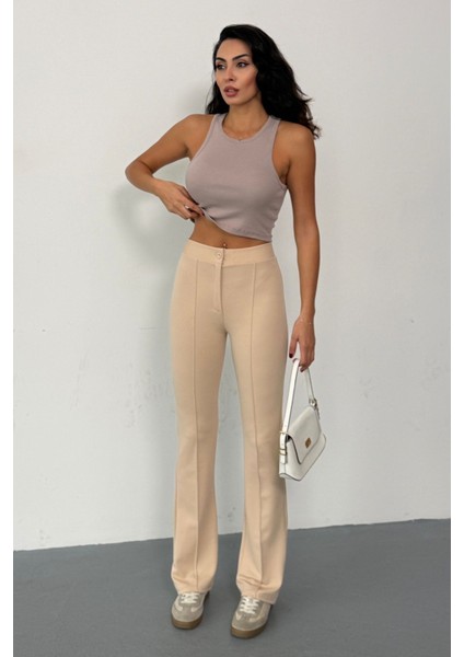 Krep Kumaş Likralı Önü Çimalı Bej Kadın Palazzo Pantolon fiyatları