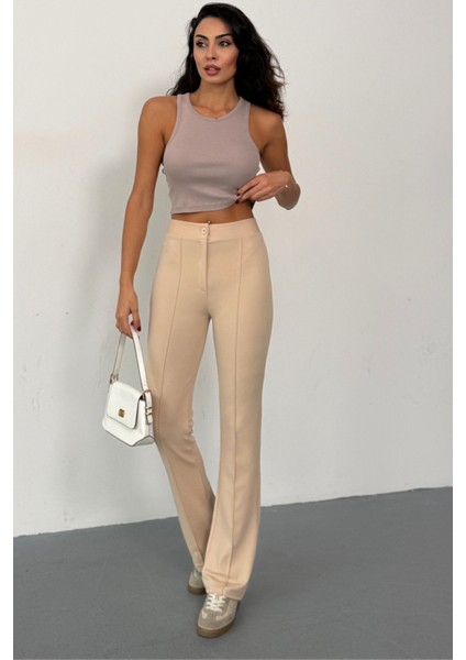 Krep Kumaş Likralı Önü Çimalı Bej Kadın Palazzo Pantolon modelleri