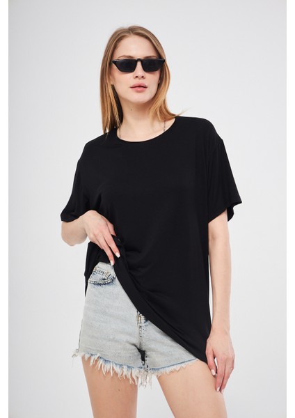 Siyah Baskısız Düz Bisiklet Yaka Kadın Oversize T-Shirt