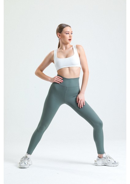 Haki Yüksek Bel Fitilli Toparlayıcı Interlok Örme Şardonlu Spor Kışlık Tayt fırsatları