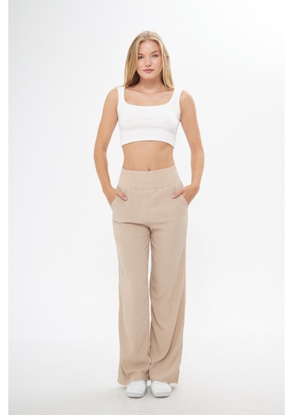 Bej Beli Lastikli Bol Paça Çift Cepli Yüksek Bel Bürümcük Örme Kadın Pantolon fiyatları