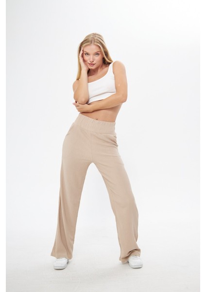 Bej Beli Lastikli Bol Paça Çift Cepli Yüksek Bel Bürümcük Örme Kadın Pantolon modelleri