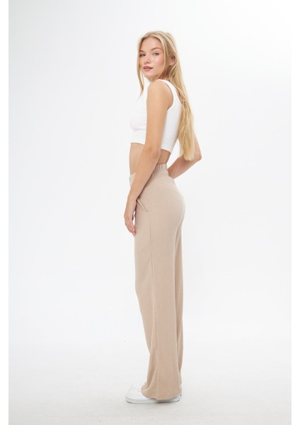 Bej Beli Lastikli Bol Paça Çift Cepli Yüksek Bel Bürümcük Örme Kadın Pantolon indirimleri