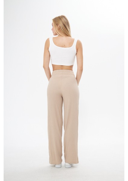 Bej Beli Lastikli Bol Paça Çift Cepli Yüksek Bel Bürümcük Örme Kadın Pantolon