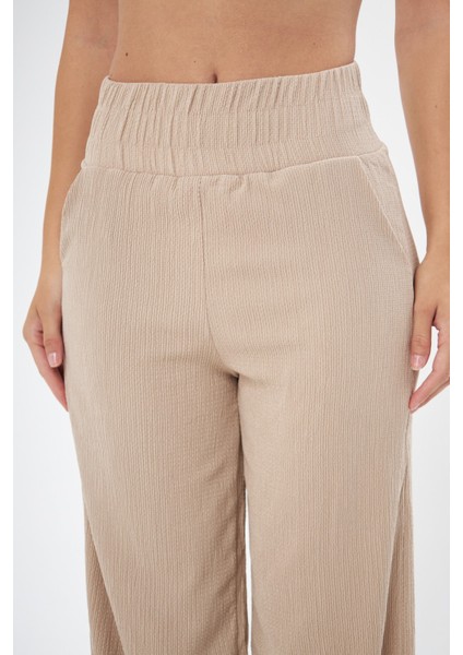 Bej Beli Lastikli Bol Paça Çift Cepli Yüksek Bel Bürümcük Örme Kadın Pantolon