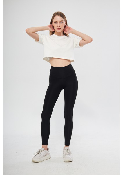 Siyah Yüksek Bel Toparlayıcı Dalgıç Kumaş Spor Günlük Tayt