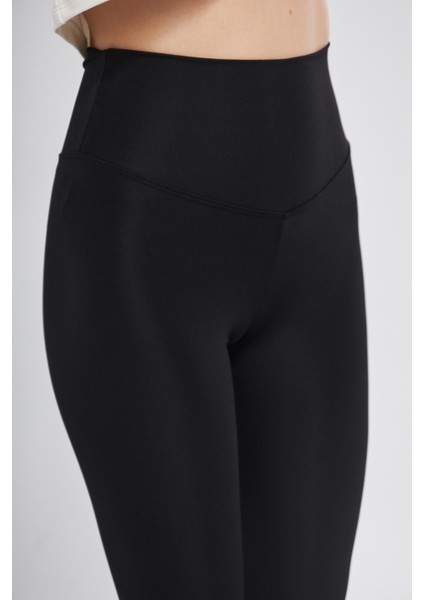 Siyah Yüksek Bel Toparlayıcı Dalgıç Kumaş Spor Günlük Tayt