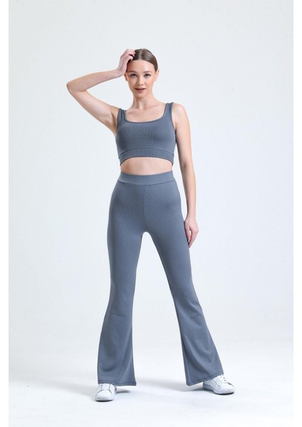 Antrasit Yüksek Bel Fitilli Ispanyol Paça Interlok Örme Kadın Tayt