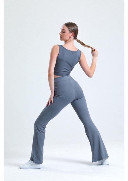 Antrasit Yüksek Bel Fitilli Ispanyol Paça Interlok Örme Kadın Tayt fiyatları