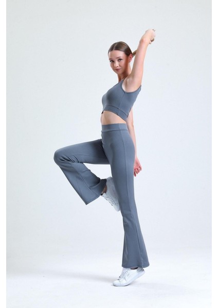 Antrasit Yüksek Bel Fitilli Ispanyol Paça Interlok Örme Kadın Tayt modelleri