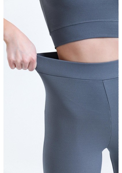 Antrasit Yüksek Bel Fitilli Ispanyol Paça Interlok Örme Kadın Tayt indirimleri