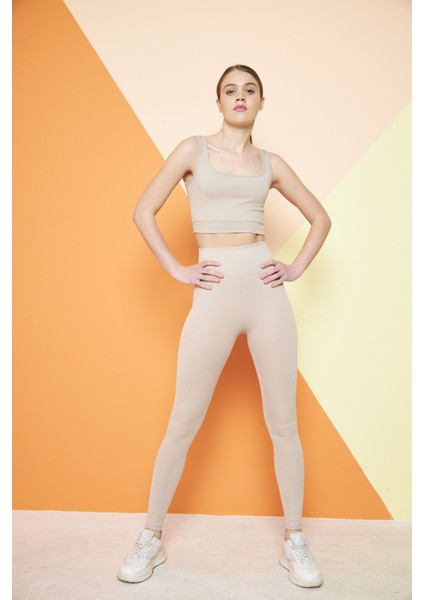 Bej Yüksek Bel Fitilli Toparlayıcı Interlok Örme Spor Dar Paça Kadın Tayt