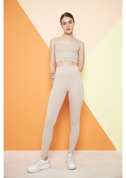Bej Yüksek Bel Fitilli Toparlayıcı Interlok Örme Spor Dar Paça Kadın Tayt fiyatları