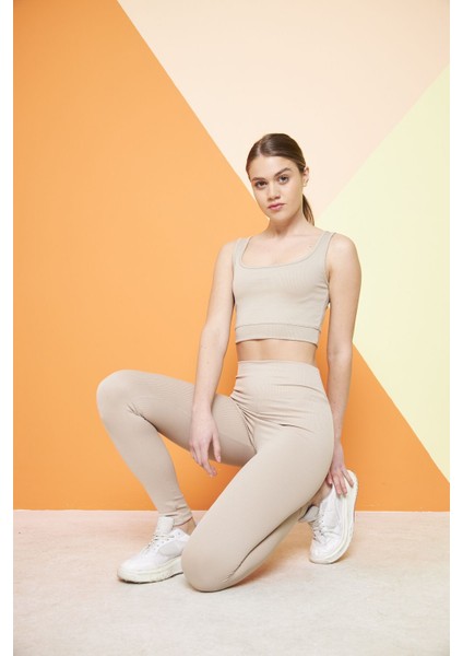 Bej Yüksek Bel Fitilli Toparlayıcı Interlok Örme Spor Dar Paça Kadın Tayt modelleri
