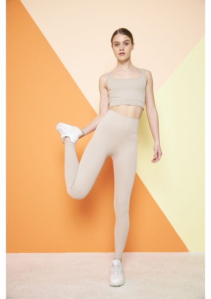 Bej Yüksek Bel Fitilli Toparlayıcı Interlok Örme Spor Dar Paça Kadın Tayt fırsatları